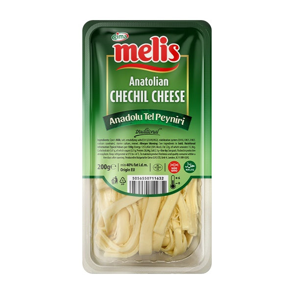 Packaged Anatolian Chechil Cheese with Melis branding on a white background