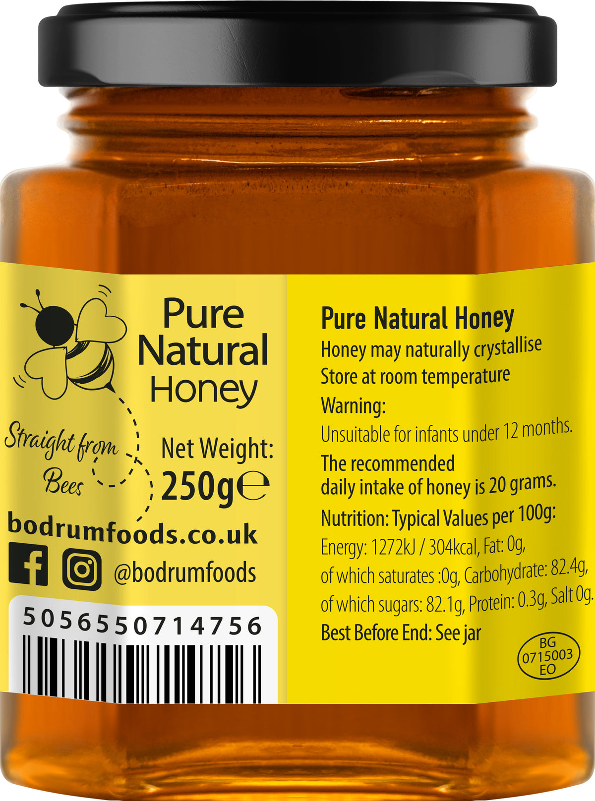 Jar of pure natural honey with label displaying product details and branding.