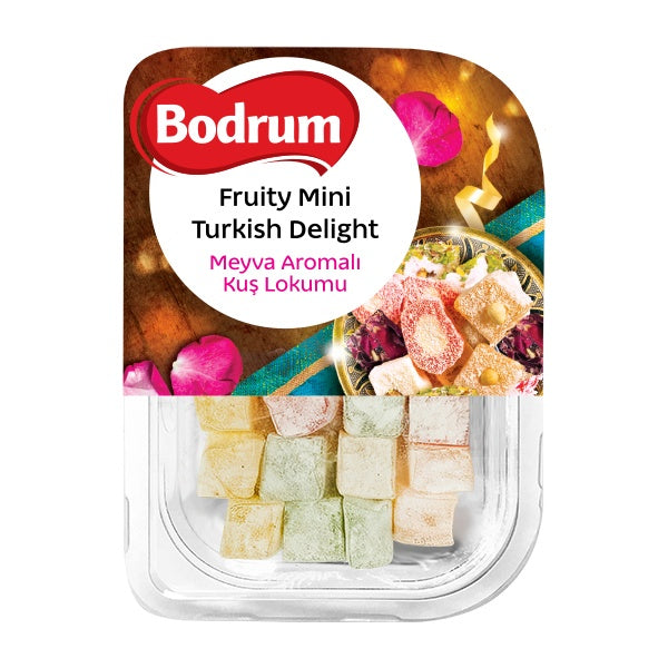 Packaged Fruity Mini Turkish Delight with Bodrum logo on a white background