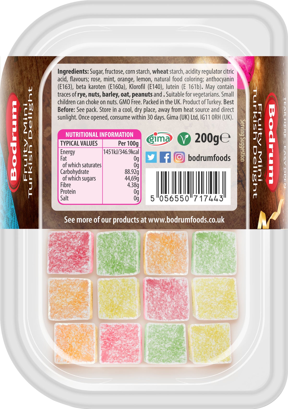 Packaged candy with colorful squares on a white background