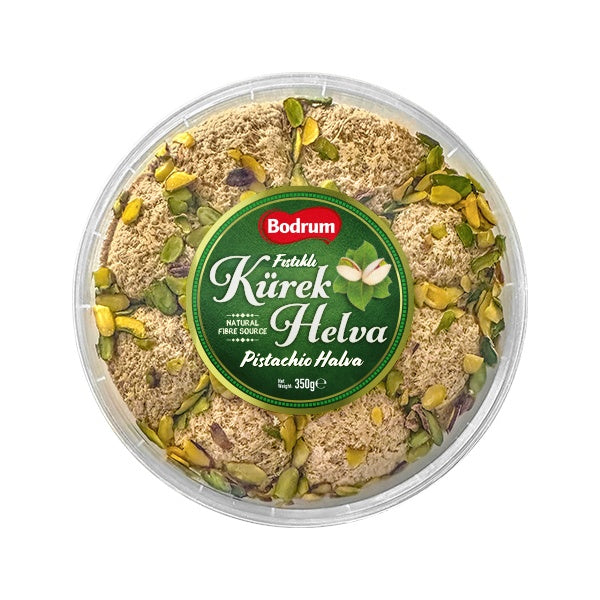 Container of Körek Helva with pistachios and a Bodrum label on a white background