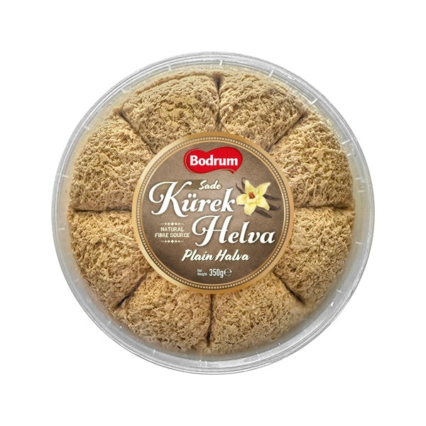 Container of Kürek Helva with Bodrum brand label on a white background