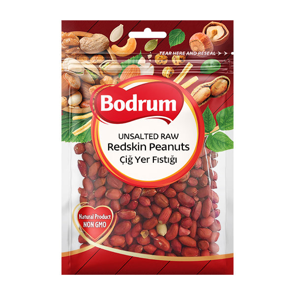 Packaging of Bodrum unsalted raw redskin peanuts on a white background