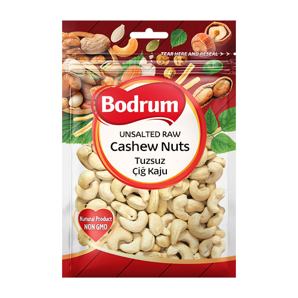Package of Bodrum unsalted raw cashew nuts on a white background