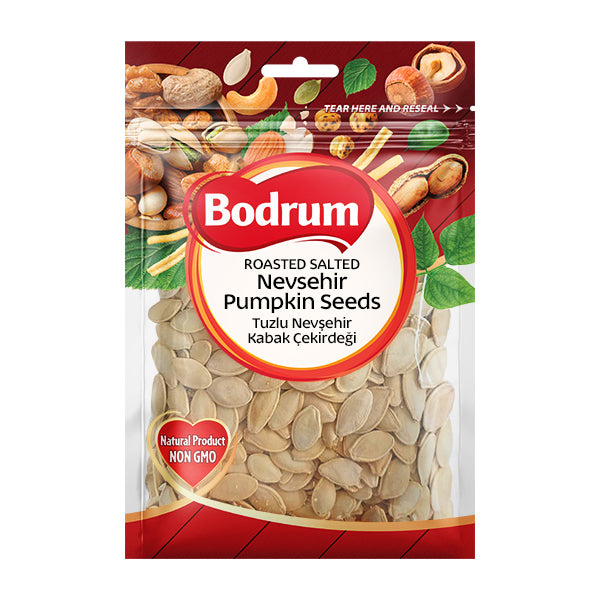 Packaging of Bodrum roasted salted Nevşehir pumpkin seeds on a white background