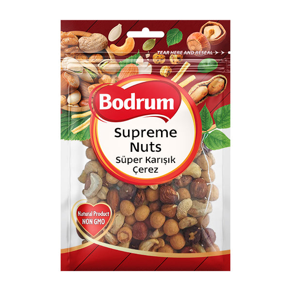 Packaged mix of nuts with Bodrum brand on a white background
