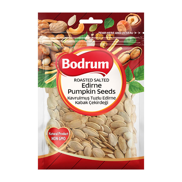 Packaging of Bodrum roasted salted Edirne pumpkin seeds on a white background