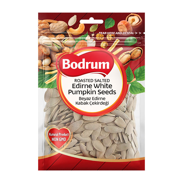 Packaging of Bodrum roasted salted Edirne white pumpkin seeds on a white background