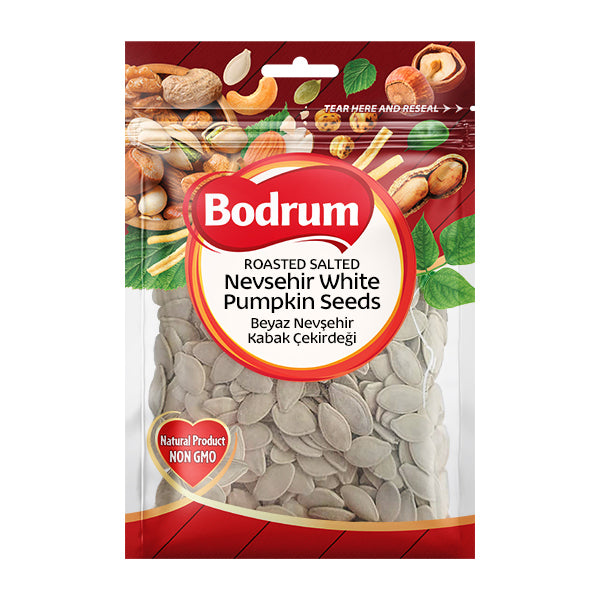 Packaging of Bodrum roasted salted Neveshir white pumpkin seeds on a white background
