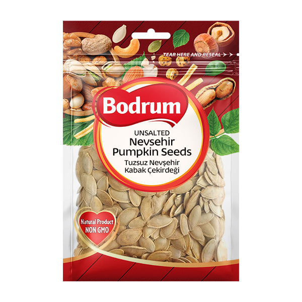 Packaging of Bodrum Unsalted Nevşehir Pumpkin Seeds on a white background