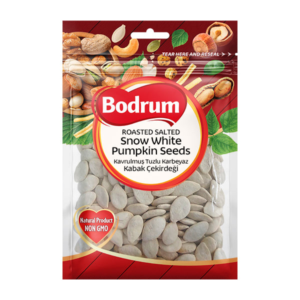 Packaging of Bodrum roasted salted snow white pumpkin seeds on a white background
