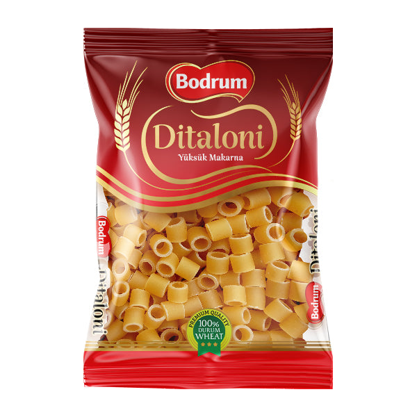 Packaged pasta with Bodrum brand on a white background