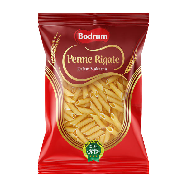 Red package of Bodrum Penne Rigate pasta on a white background