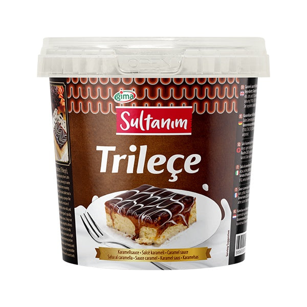 700g bottle of Sultanim Trilece Caramel Sauce, rich golden dessert topping for milk cakes