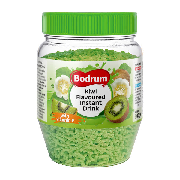 Jar of Bodrum kiwi-flavored instant drink with a green lid on a white background