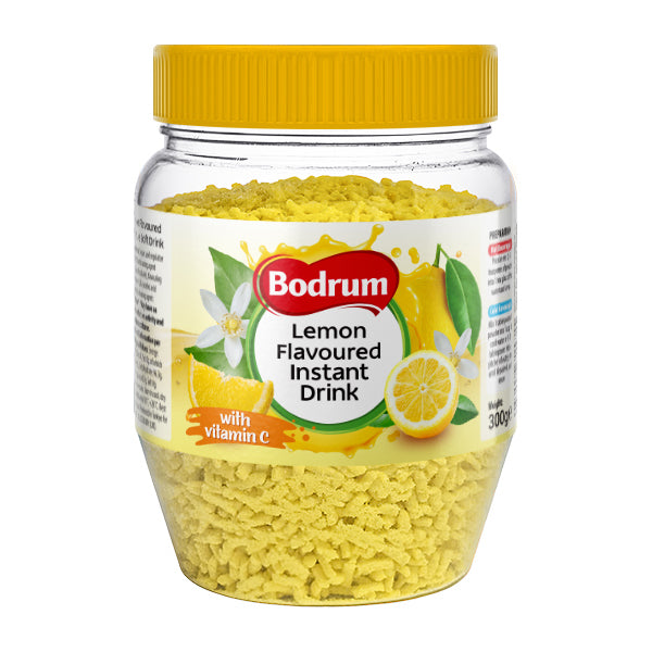 Jar of Bodrum Lemon Flavoured Instant Drink with yellow lid and label on a white background