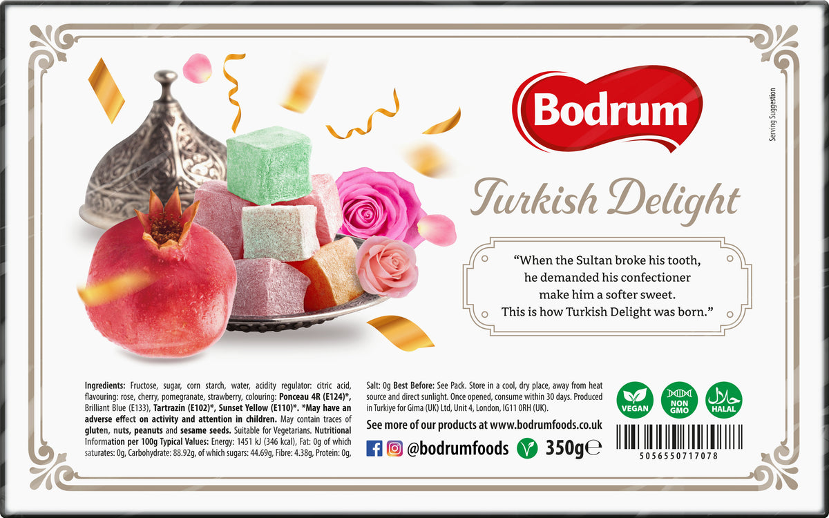 Bodrum Turkish Delight packaging with confectionery and decorative elements.