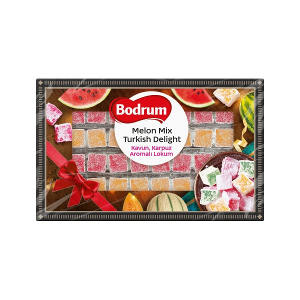 Bodrum Melon Mix Turkish Delight packaging with watermelon slices and colorful candies.