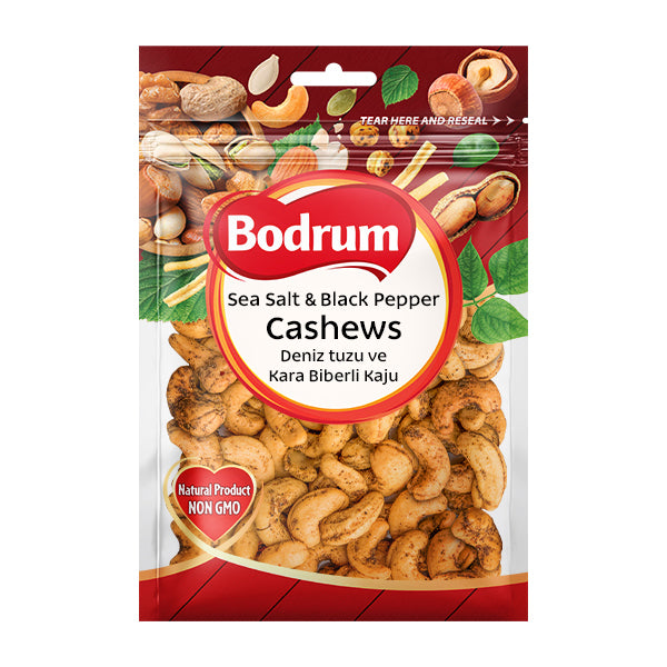 Packaging of Bodrum sea salt and black pepper cashews on a white background