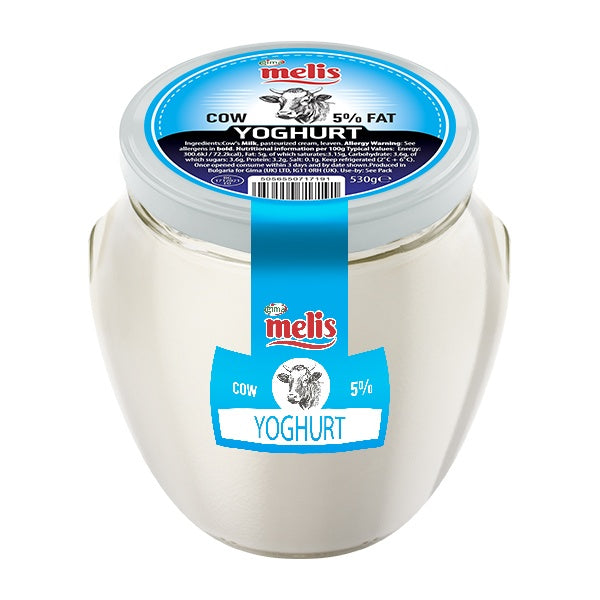 Jar of melis cow yoghurt with blue label on a white background