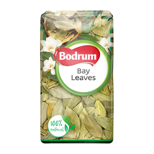 Bodrum Bay Leaves packaging with green leaves and white flowers on a white background
