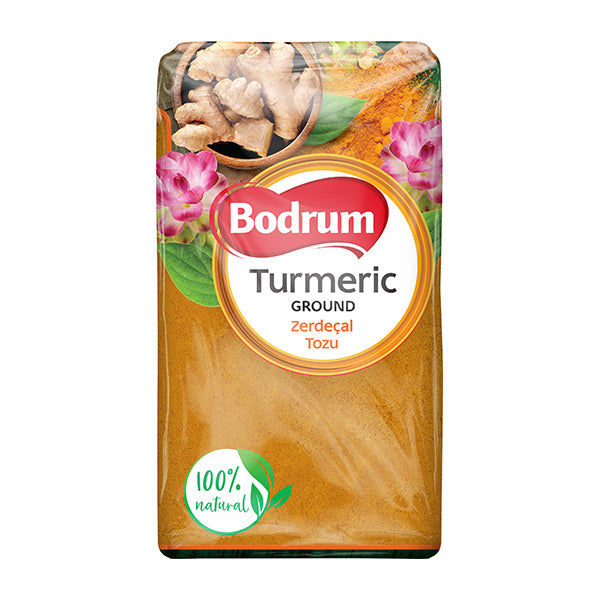 Bodrum ground turmeric packaging with floral and spice illustrations on a white background