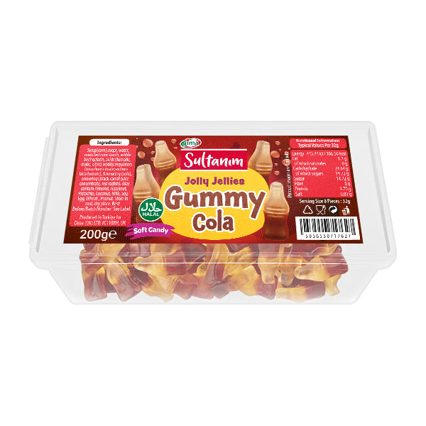 Packaged gummy cola candies with a red label on a white background