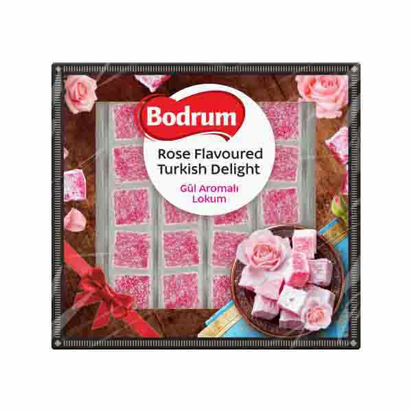 Bodrum rose-flavored Turkish delight packaging with pink candies and a bowl of roses.