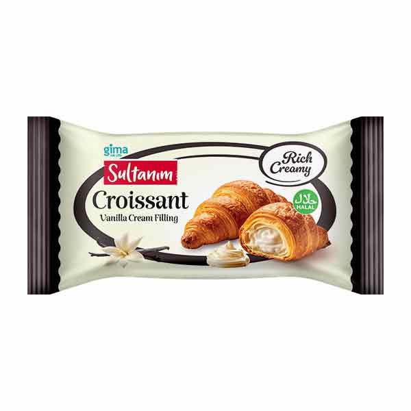 Packaged croissant with vanilla cream filling on a white background