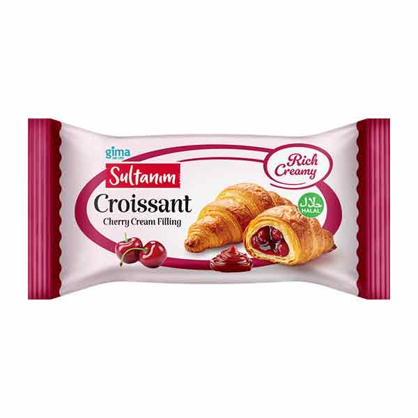 Packaged sultanim croissant with cherry cream filling on a white background