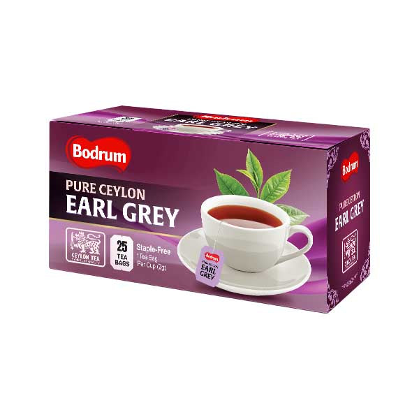 Bodrum Pure Ceylon Earl Grey tea box with a cup of tea on a white background