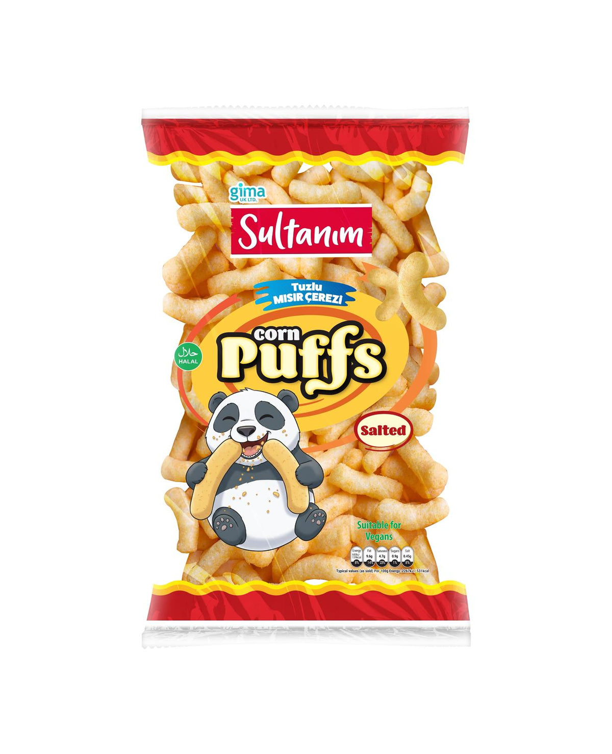 Packaged snack with 'Sultanim' brand and panda character on a white background