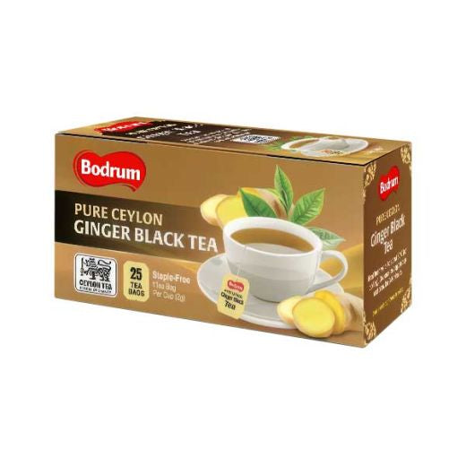 A box of Bodrum Pure Ceylon Ginger Black Tea, 25 tea bags, shown on a plain white background. The packaging is primarily brown with a red Bodrum logo and an illustration of a white cup of tea with ginger slices and green leaves.
