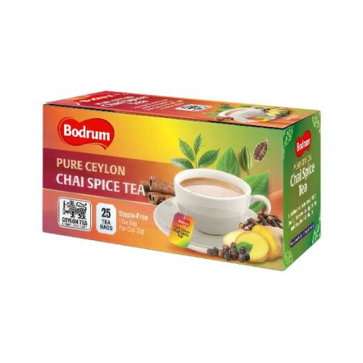 A box of Bodrum Pure Ceylon Chai Spice Tea, featuring a colorful design with a cup of tea, spices, and tea leaves on a white background.