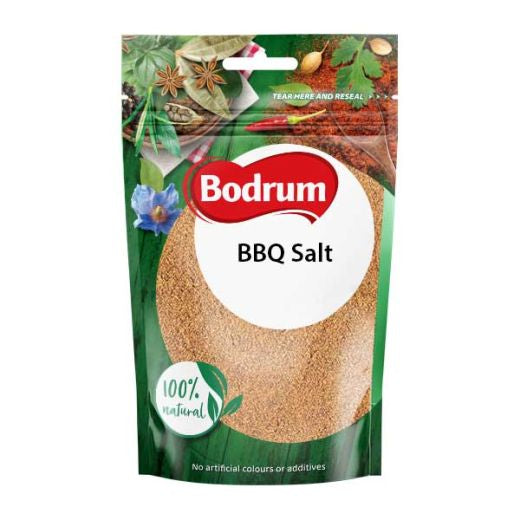 Bodrum BBQ Salt packaging with green background and visible brand logo.