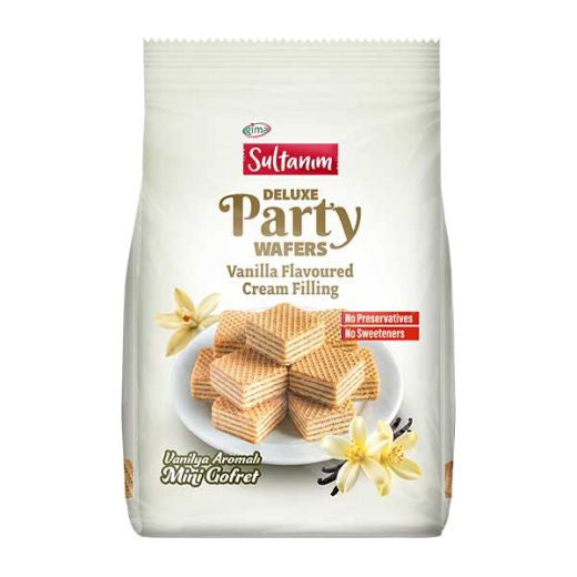 A package of Sultanum Deluxe Party Wafers Vanilla Flavoured Cream Filling, featuring a white bag with a photo of wafer stacks on a plate and yellow flower illustrations.