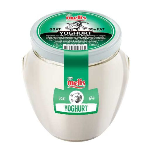 Jar of Melis goat yoghurt with green label on a white background