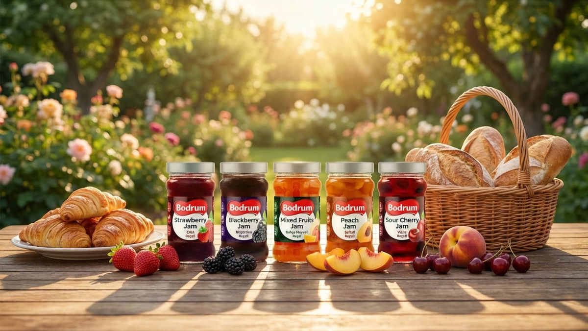 Bodrum jam jars with fruits and bread on a wooden table outdoors.
