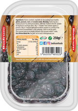 Packaged dried black raisins with label and Bodrum Foods branding