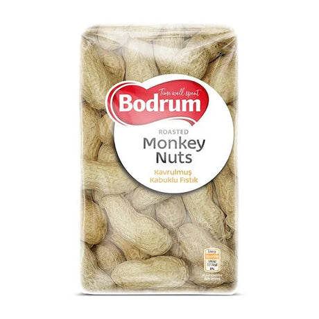 Packaging of Bodrum roasted monkey nuts on a white background