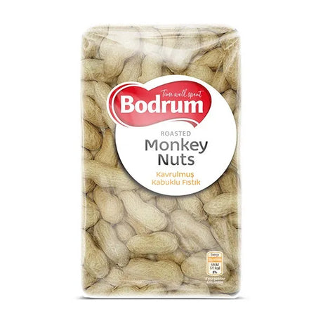 Packaging of Bodrum roasted monkey nuts on a white background
