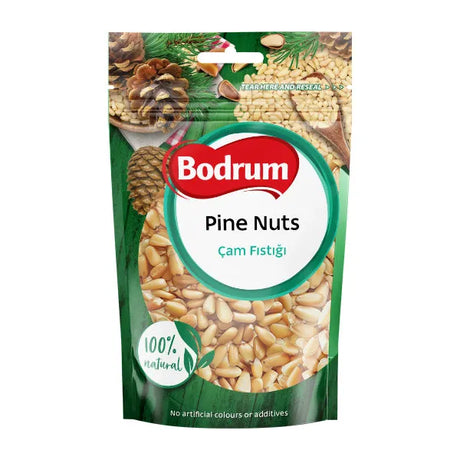 Packaging of Bodrum pine nuts with a green background
