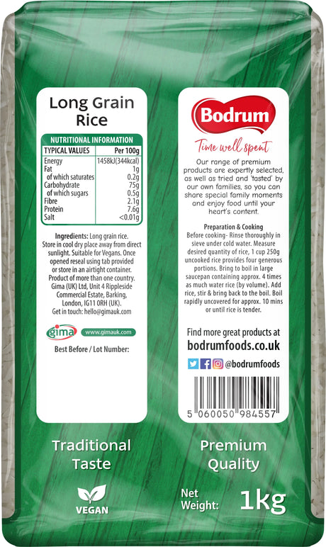 Green packaging of Bodrum long grain rice with nutritional information and branding details.