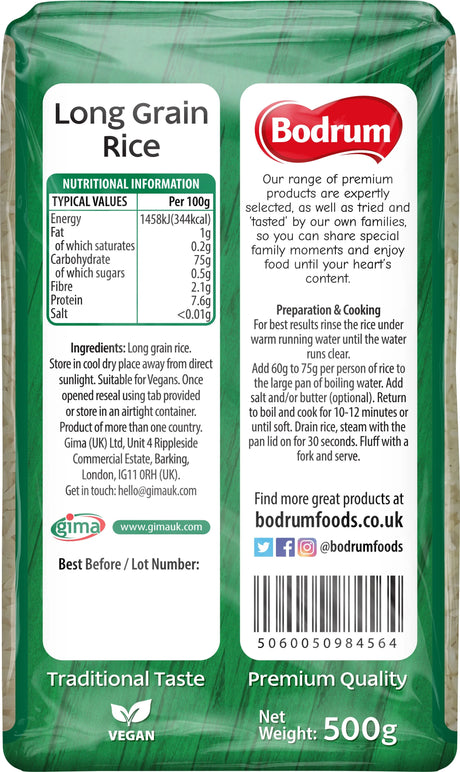 Bodrum long grain rice package with nutritional information and branding details.