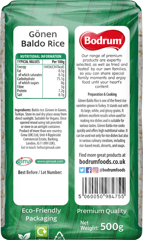 Bodrum Gonen Baldo Rice packaging with nutritional information and branding details.