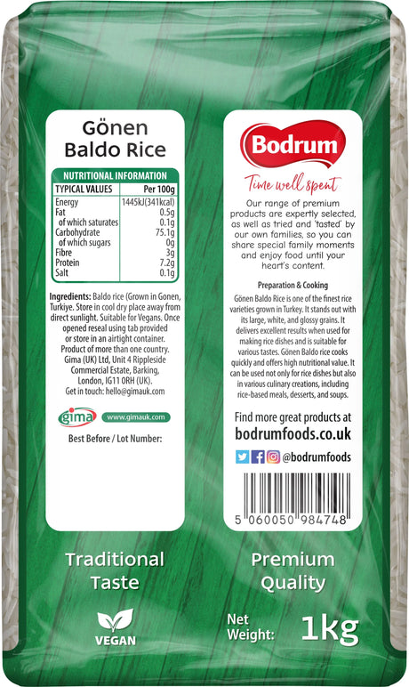 Bodrum Gönen Baldo Rice packaging with label details