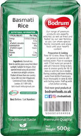 Bodrum Basmati Rice packaging with nutritional information and branding details.