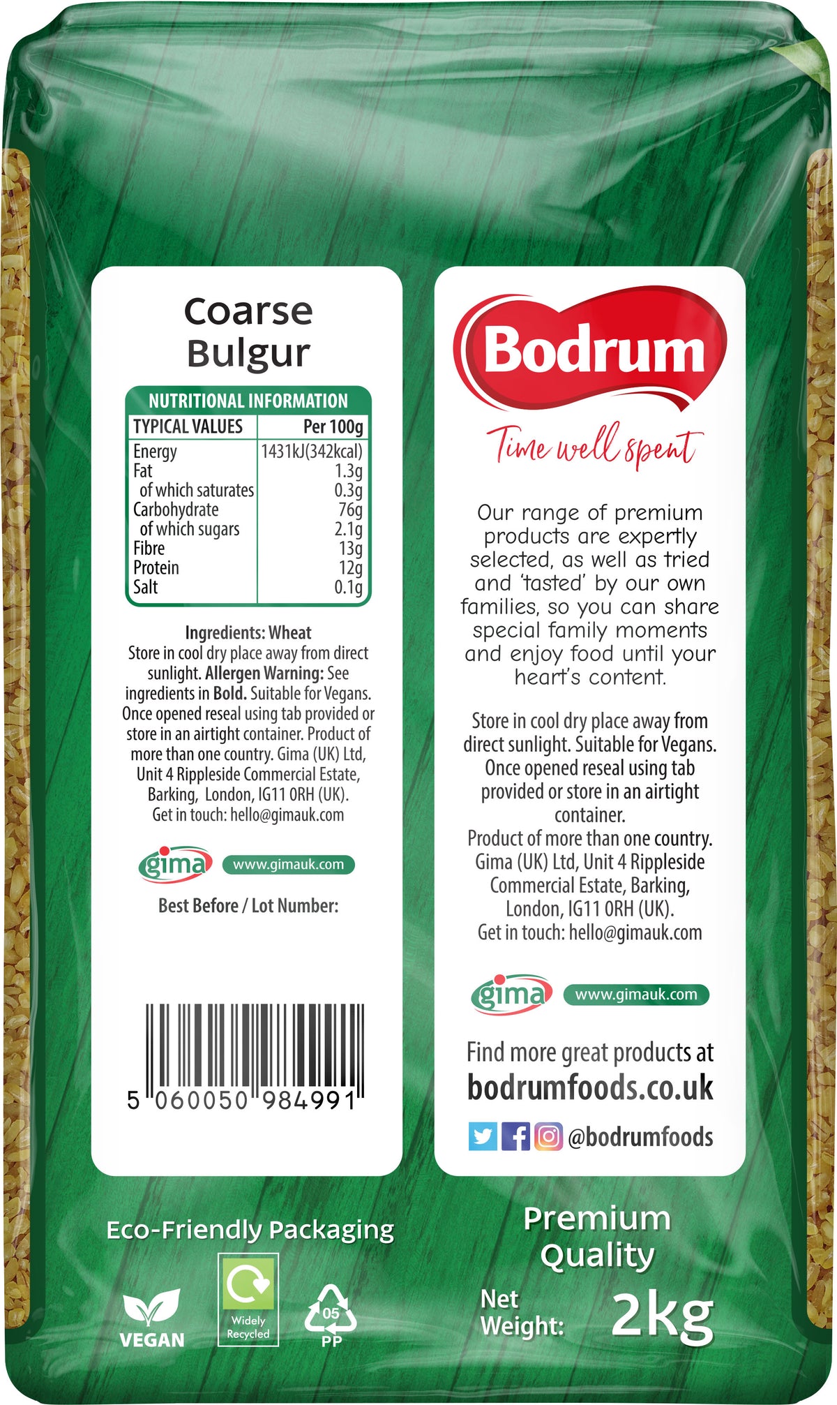 Green package of Bodrum Coarse Bulgur with nutritional information and branding details.