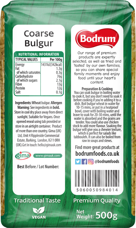 Bodrum Coarse Bulgur package with nutritional information and branding details.