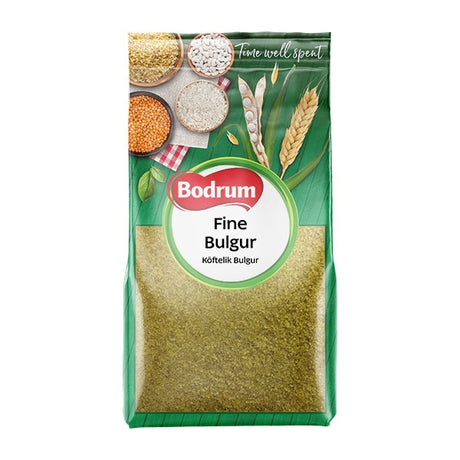 Bodrum Fine Bulgur package with images of bulgur on a green background